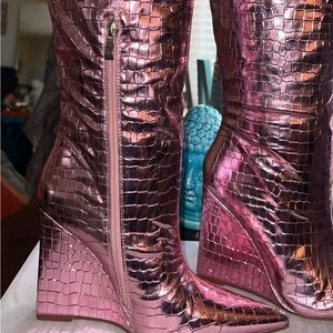 Pink Metallic Wedge Heel Side Zipper Under the Knee Tall Boots